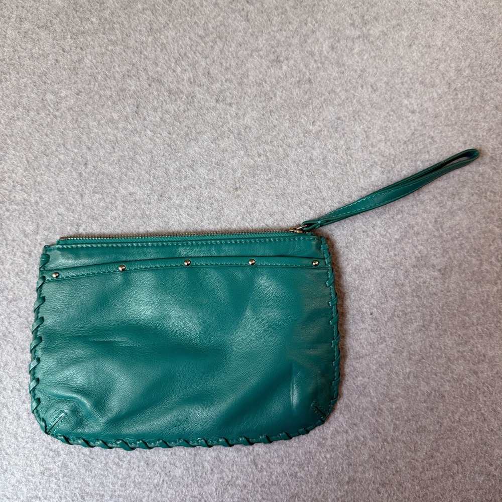 Levenger Leather Blue Green Wristlet Pouch Bag Small Zip Clutch Travel Organizer